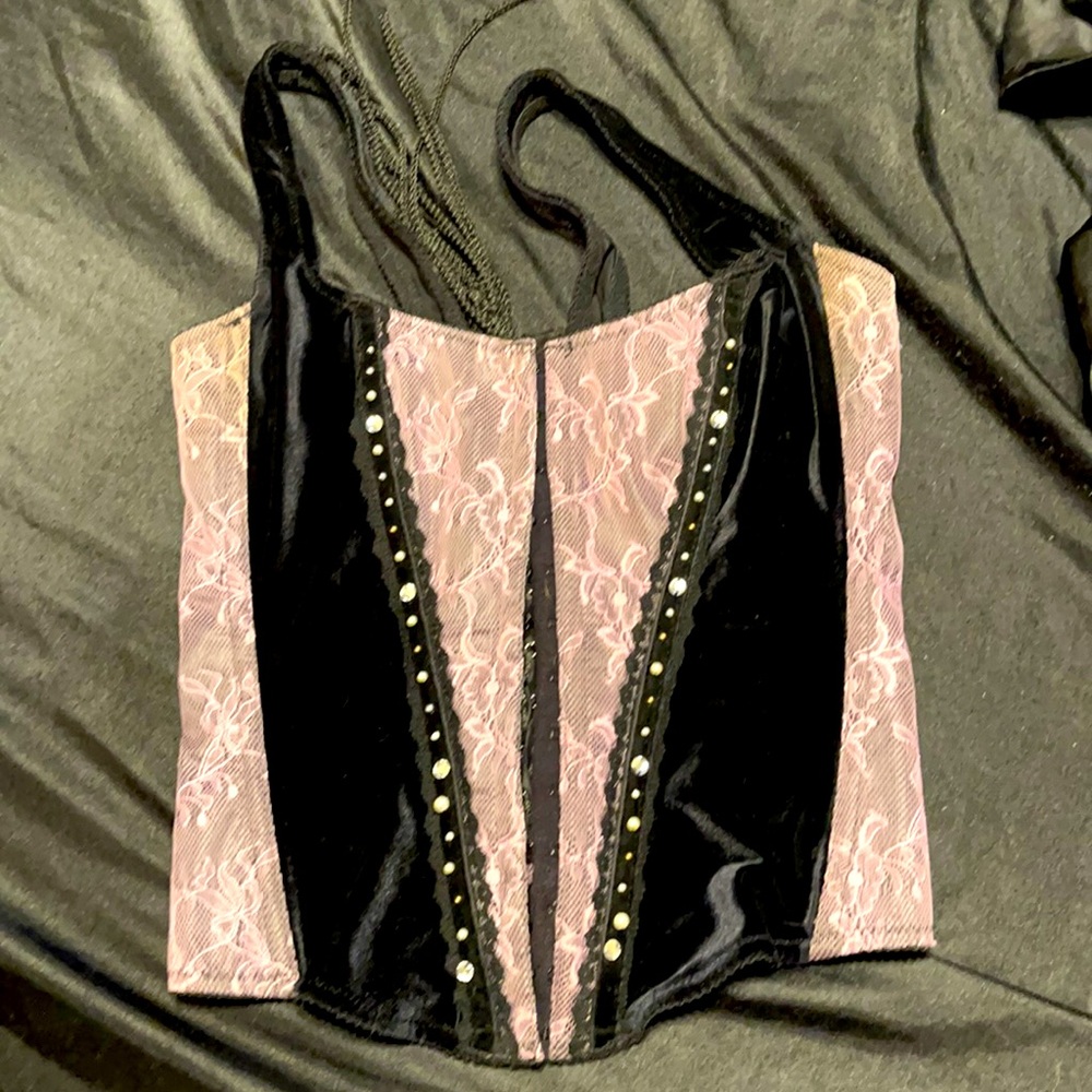 Lovely Vintage Corset with Velvet and lace detailing. Front hooks and lace back